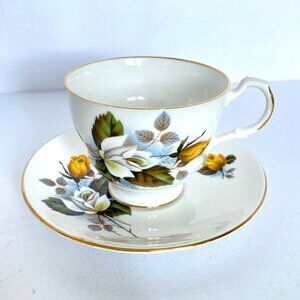 Royal Dover English Yellow White Rose Flower Teacup Saucer Bone China Gold Trim